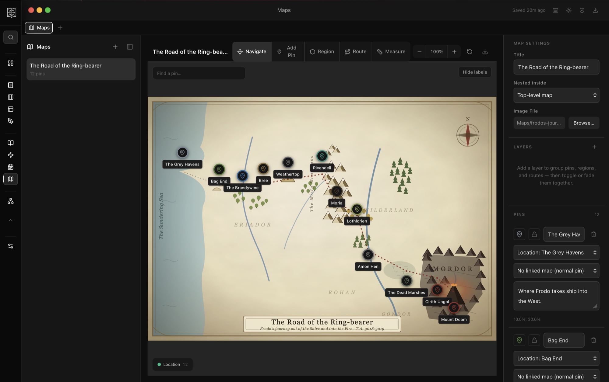 A hand-drawn-style fantasy map made interactive in WorldFrame.