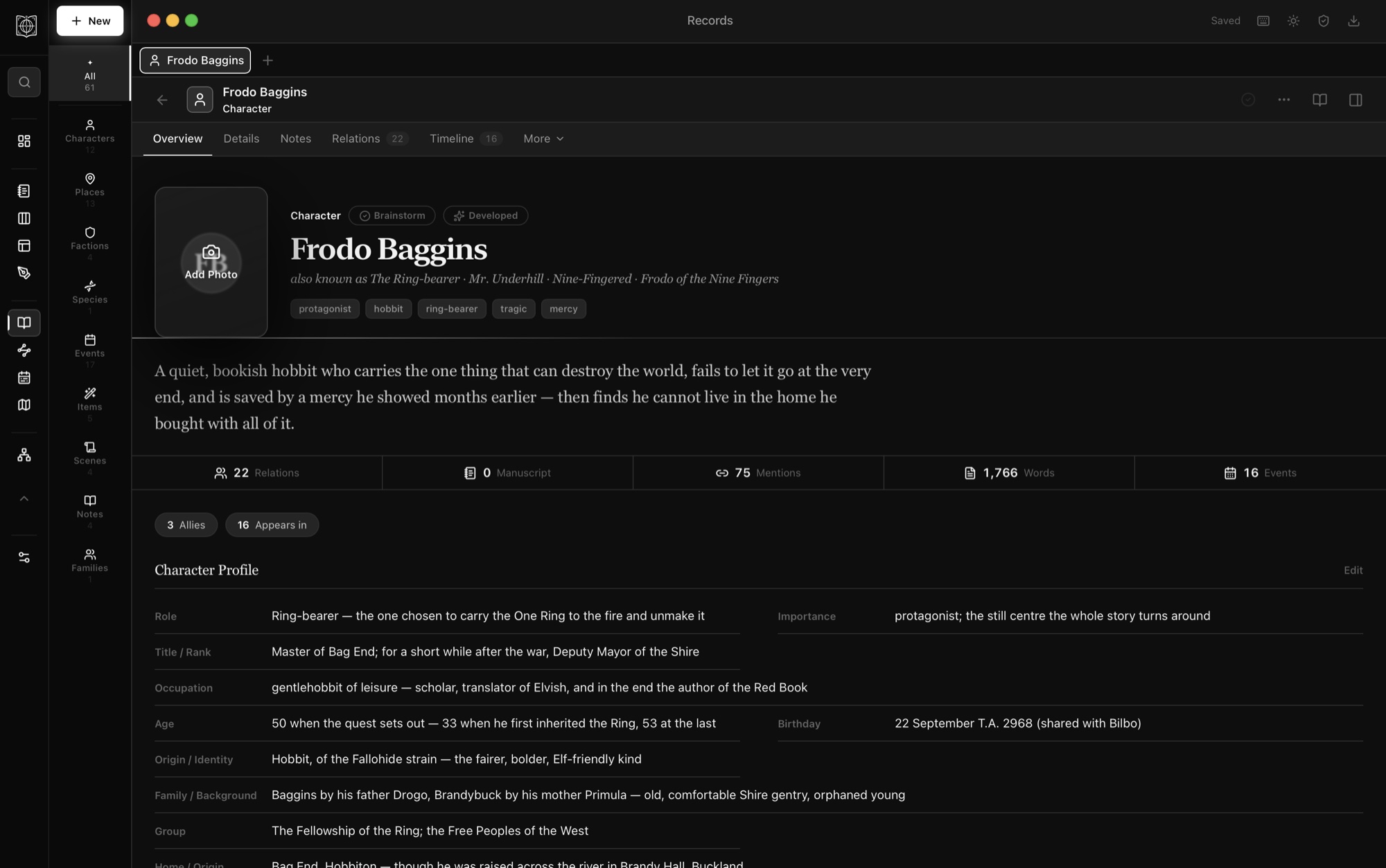 A character record in WorldFrame with profile fields, tags, stats and linked mentions.